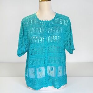 VTG 90s Teddi Crochet Cardigan XL Teal Blue Floral Embroidered Coastal Grandma
